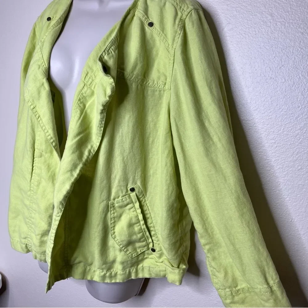 Chicos Drape Front Easy Linen Jacket Chartreuse Roll Tab Sleeve Women Size Large